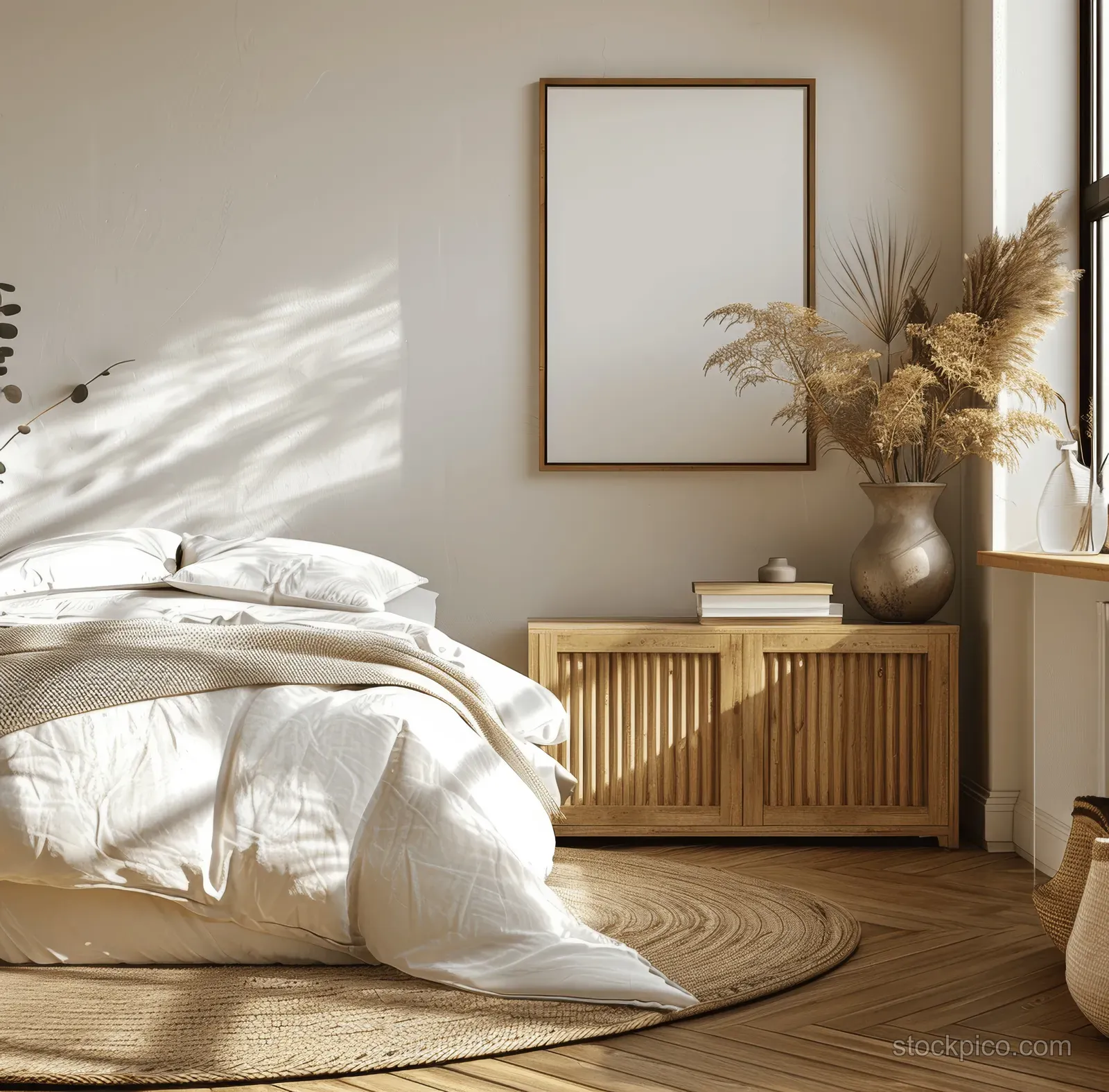 Sunlit coastal bedroom corner with a poster frame above a wooden cabinet beside a made bed and soft shadows.