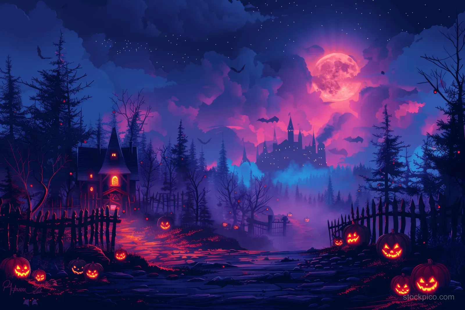 Glowing jack-o-lanterns and misty trees surround a haunted castle under a bright full moon at night.