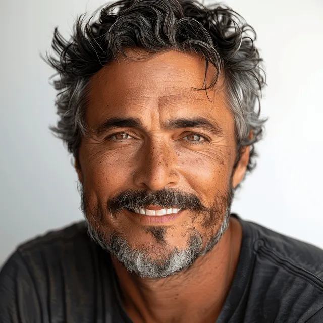 Smiling mature man with gray hair and goatee in close-up portrait on white background
