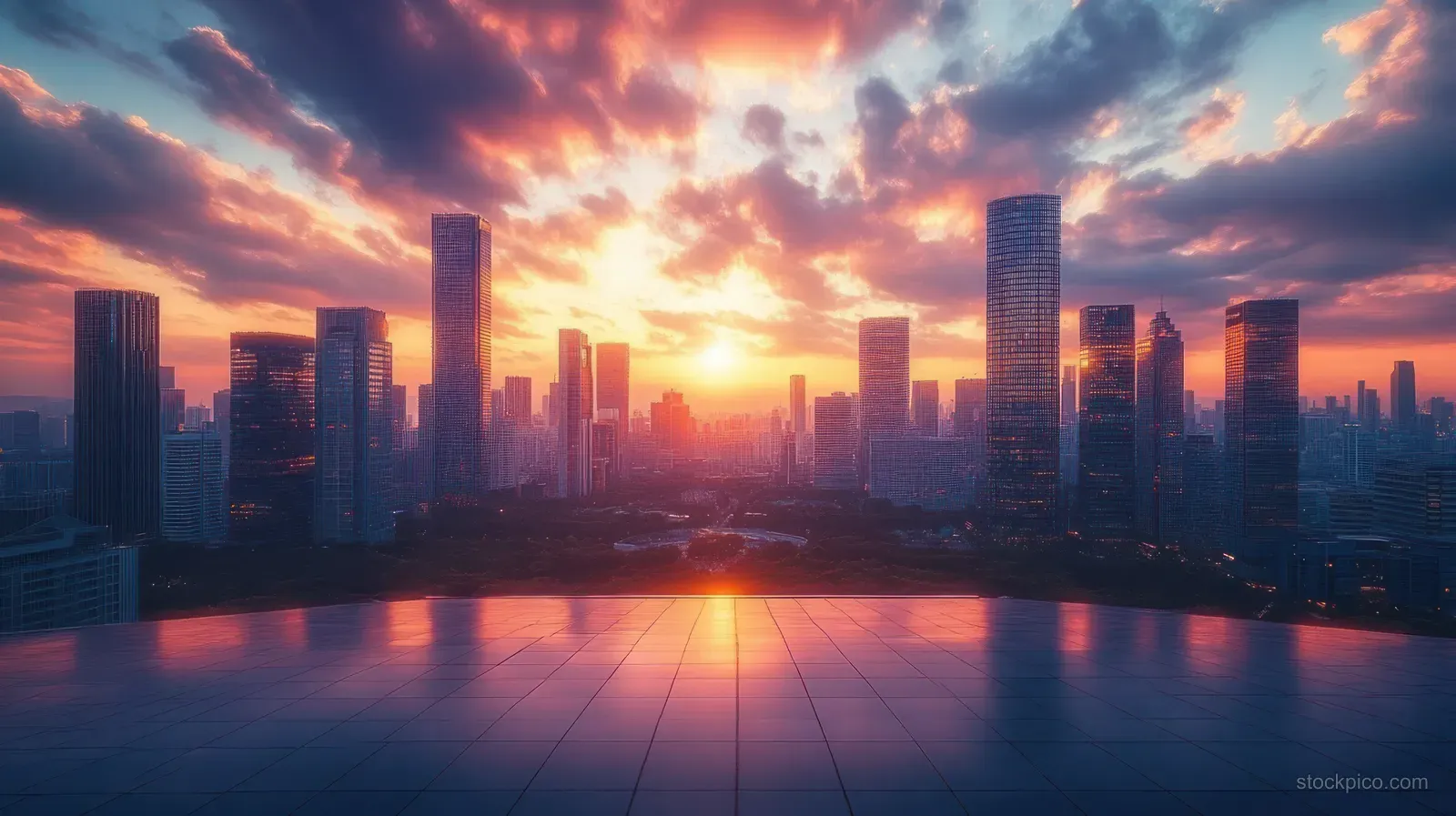 Skyscrapers reflect in a river at sunset beneath bright orange and purple clouds.