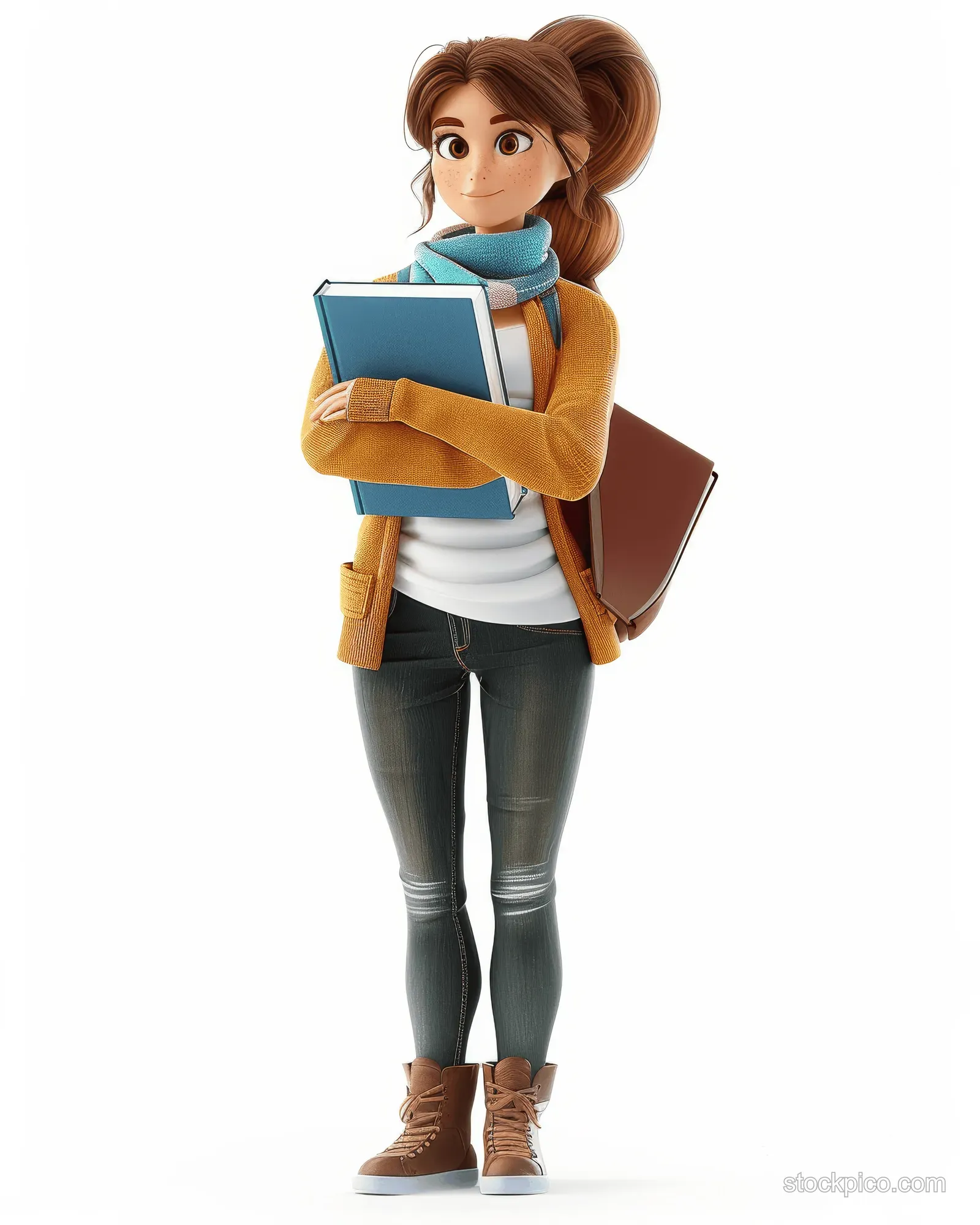 A 3D cartoon woman stands holding books against a white background.