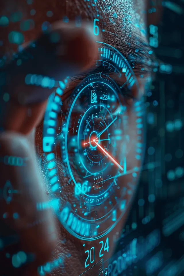 Business analyst checking AI-finance dashboard with glowing clock and stacked data panels