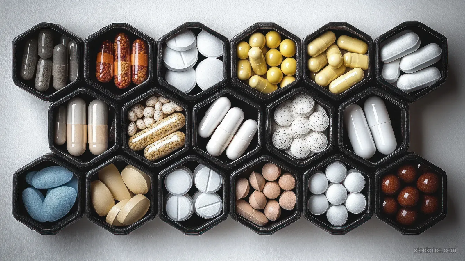Colorful capsules and tablets fill hexagonal black pill containers on a white background.