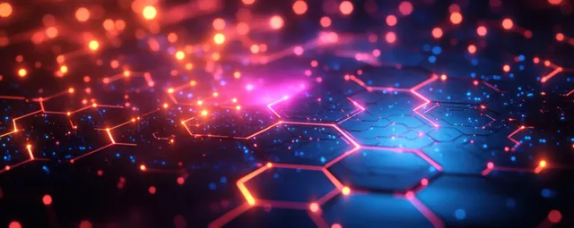 Neon hexagon network with glowing molecular connections and floating particles on an abstract dark background.