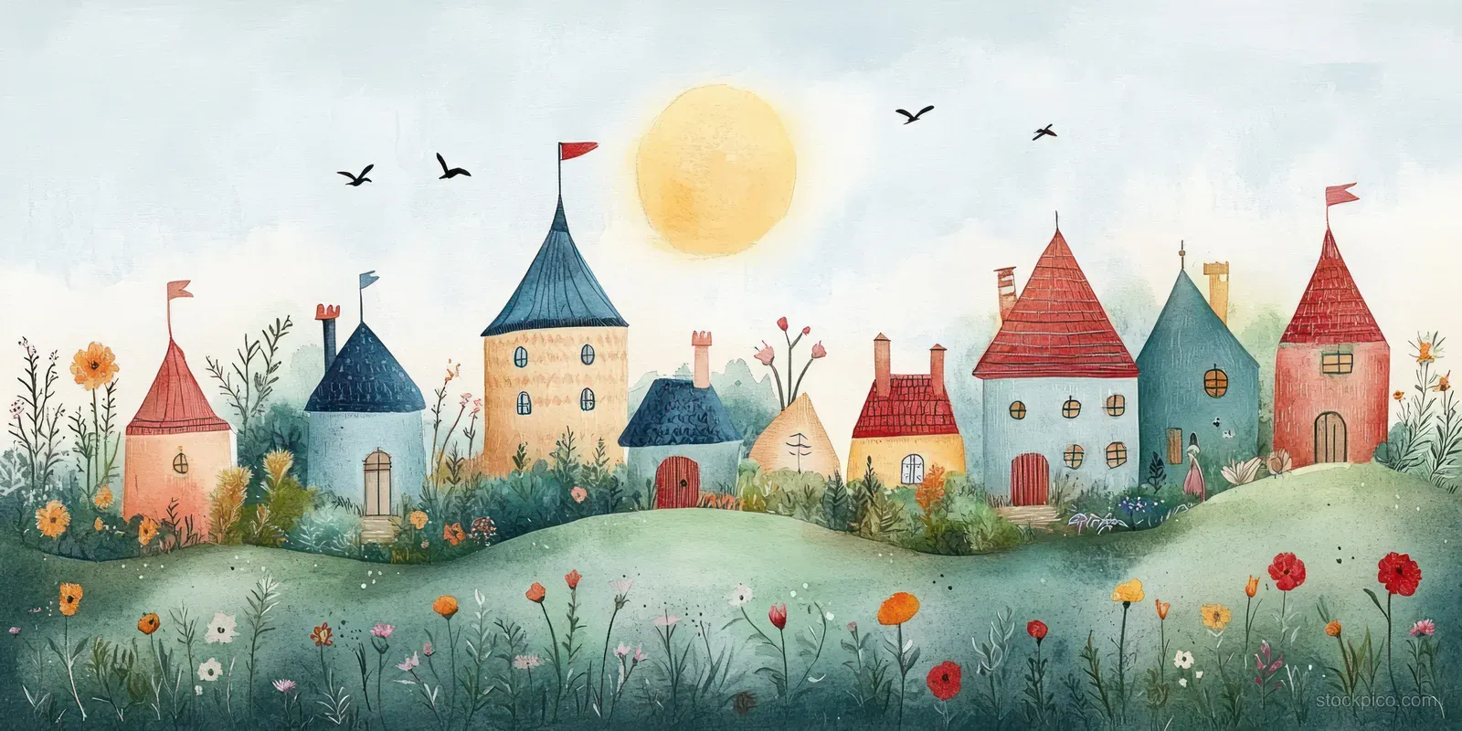 Colorful houses and flower gardens surround a path with bunnies and flying birds under a glowing sunset sky.