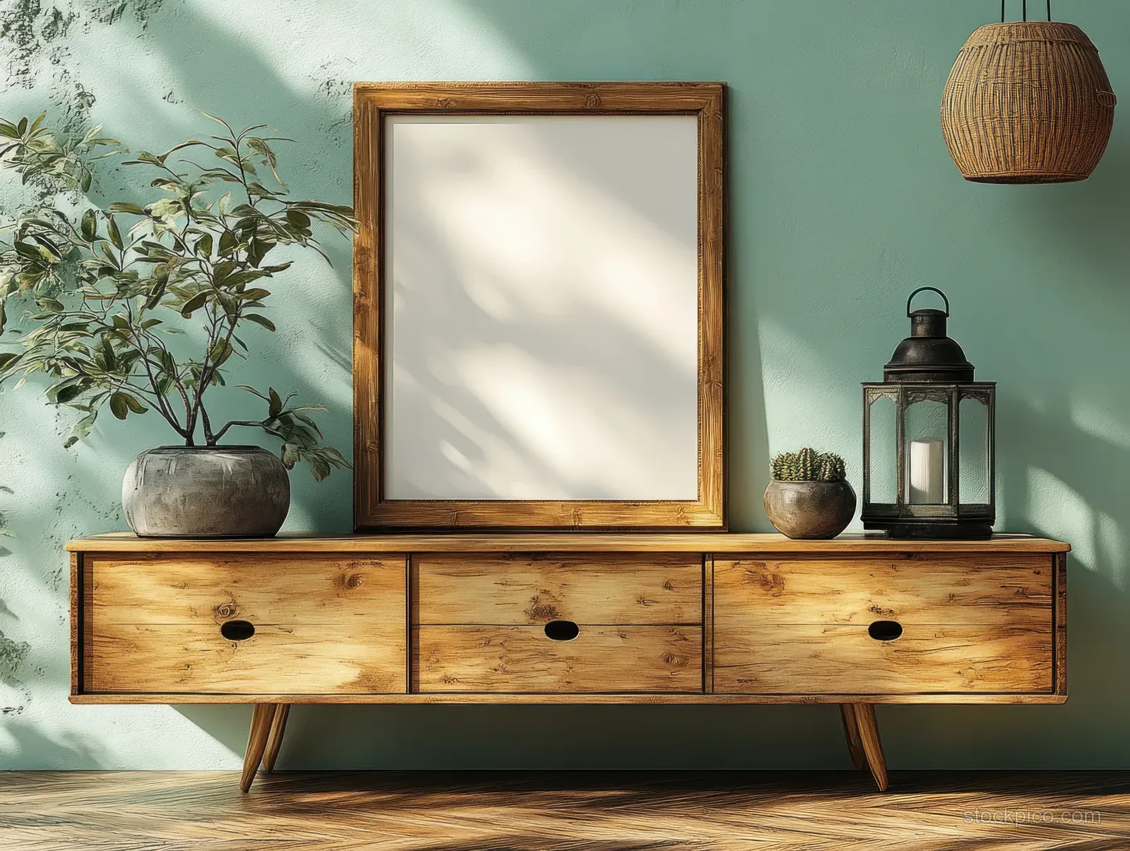 Blank picture frame hangs above a wooden sideboard with brass lamp, wicker lantern, and plants in a Scandinavian interior.