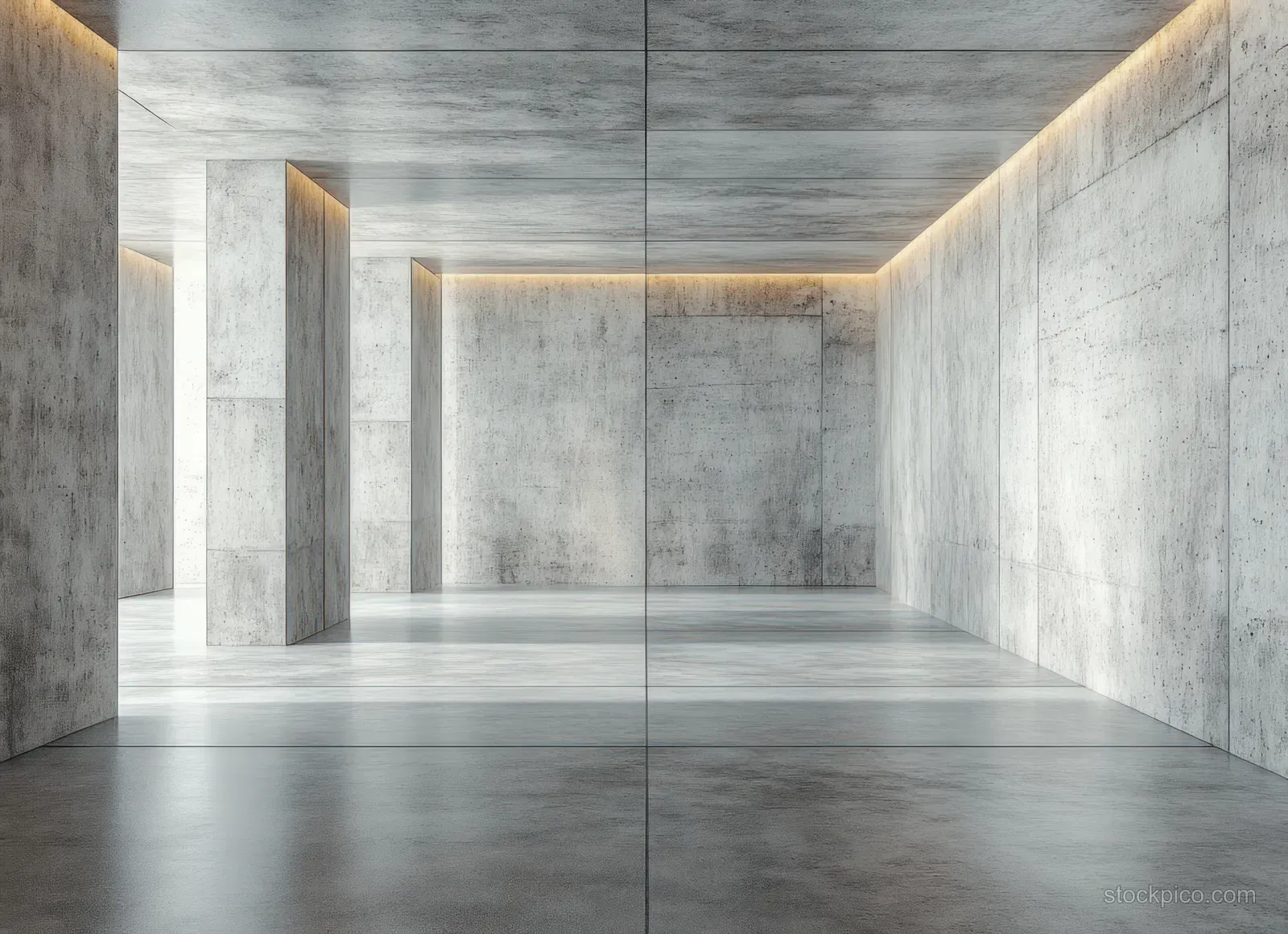 Empty concrete living room with textured walls, panel seams, and soft diffused light across the floor.