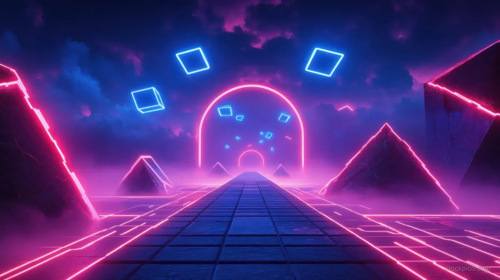 Neon-lit cyberpunk road leads to a glowing portal under floating geometric frames in a dark space scene.