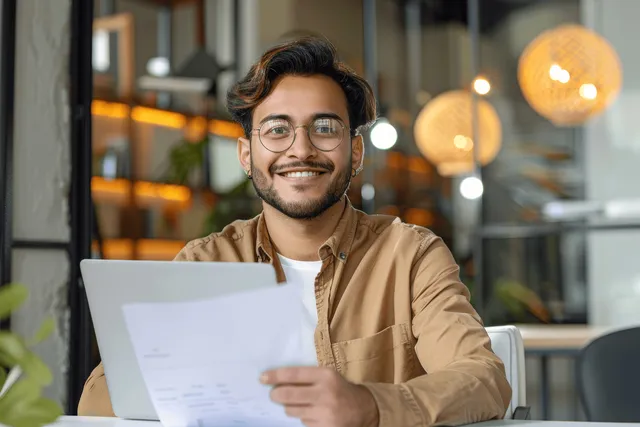 Smiling young Arab man reviews documents at a desk with laptop in a modern office with Work And Employment