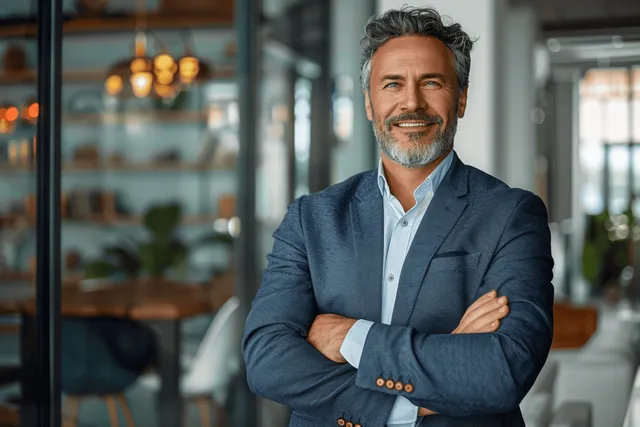 A senior businessman smiles with arms crossed in a modern office with a softly blurred background.