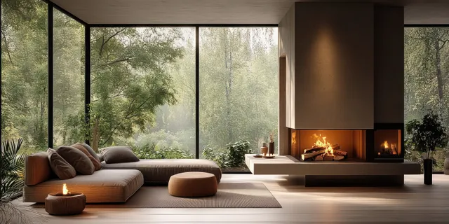 Sectional sofa and round ottoman facing a lit fireplace with floor-to-ceiling windows showing a green forest outside.