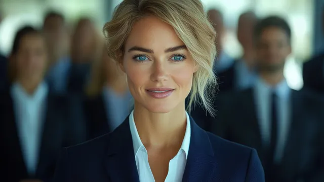 A confident businesswoman stands with her professional team in a modern office, showcasing leadership and collaboration.
