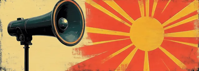 Megáfono vintage sobre un soporte inclinado hacia la izquierda contra un fondo de póster radial rojo y amarillo con efecto desgastado.