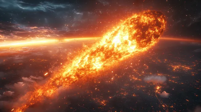 A blazing meteor impacts Earth with an orange fireball and scattered cosmic dust over a dark space background.