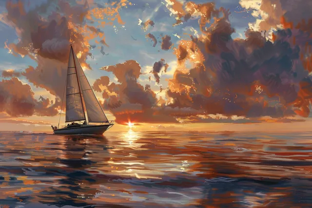 A Finn class sailboat glides on mirror-like coastal water under a glowing sunset sky.
