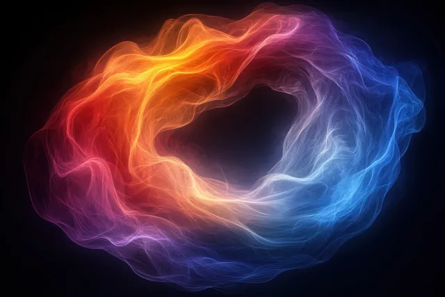 Colorful swirling wave ring of light on black background, glowing neon ribbon motion
