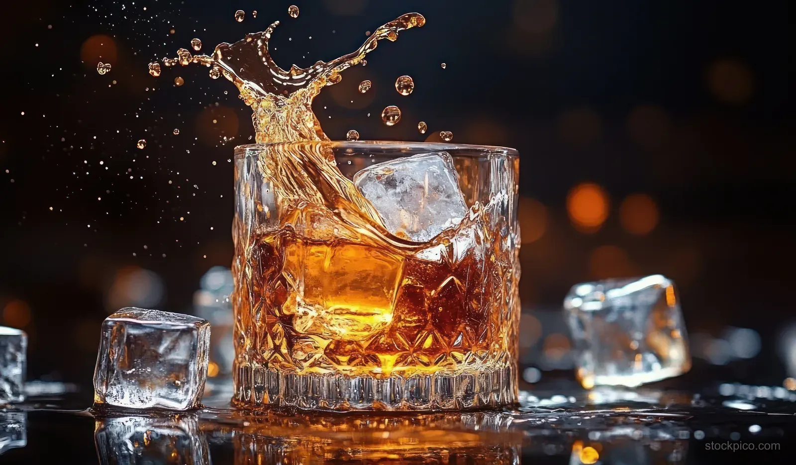 Amber drink in a crystal glass splashes as ice cubes burst outward on a dark blurred background.