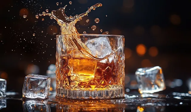 Crystal tumbler with amber drink as ice cubes splash against dark bokeh background