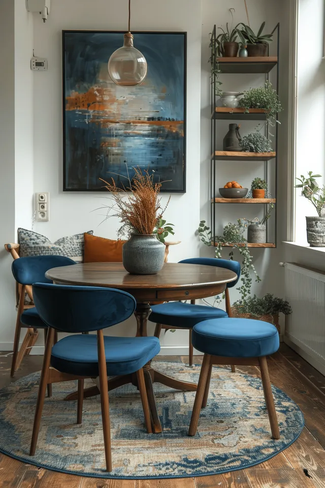Minimalist dining room with a blue round table, blue chairs, beige rug, abstract painting, and a wooden shelving unit near the entrance.