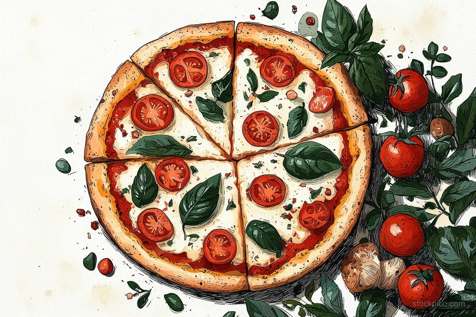 Top view of sliced margherita pizza with tomato rounds and basil leaves on a light background, with herbs around it.