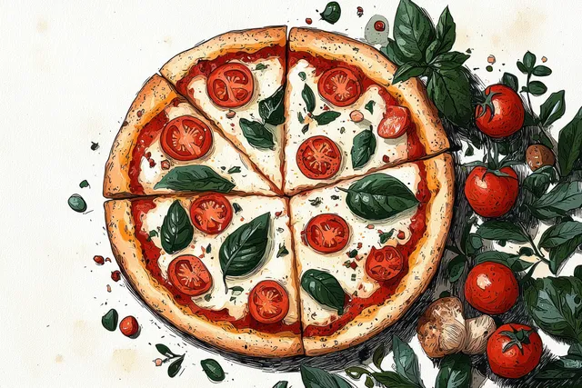 Top view sliced margherita pizza with tomato rounds and basil leaves on a light background
