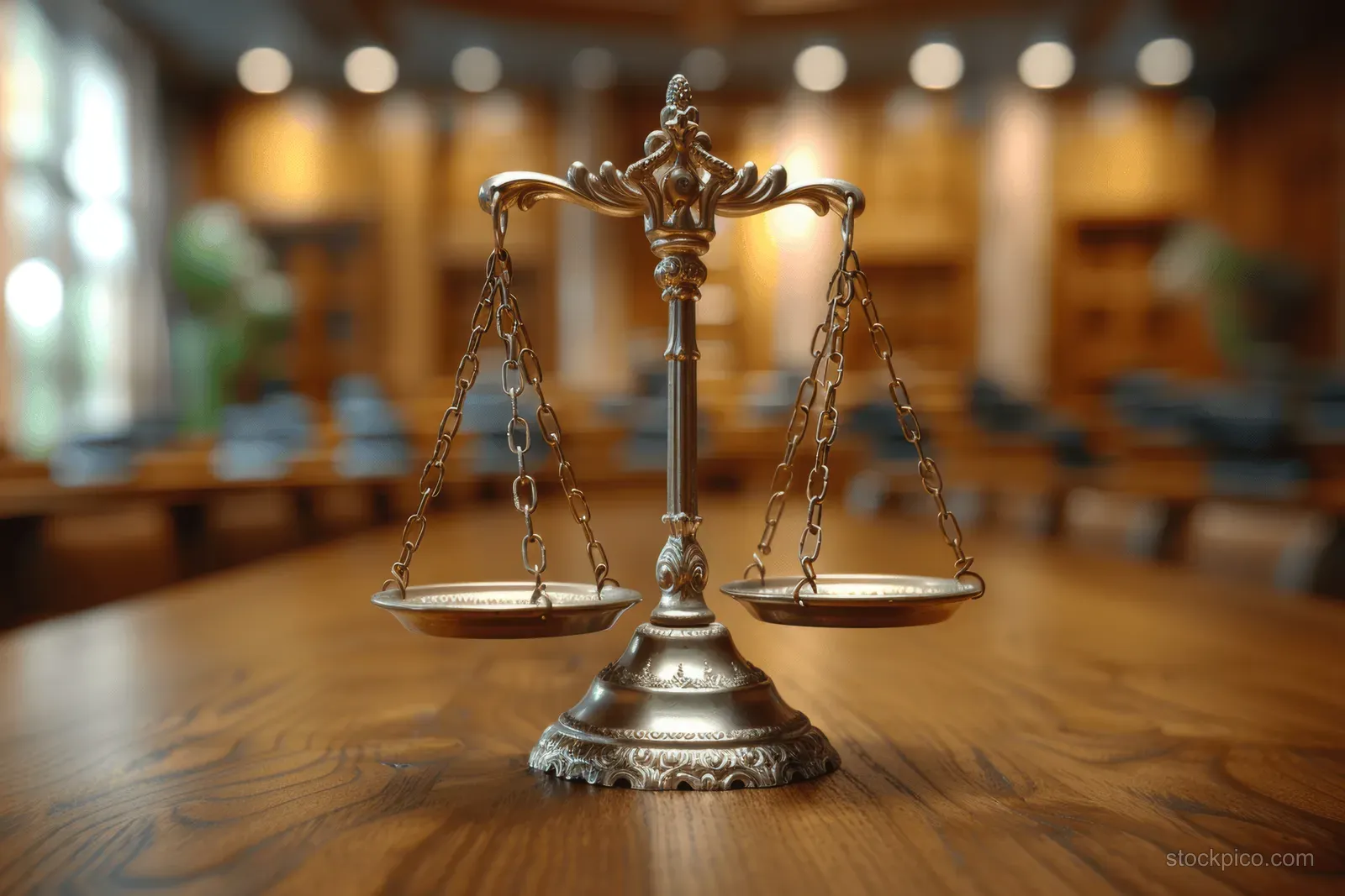 Brass scales of justice and a wooden gavel on a courtroom desk with a blurred courtroom background.