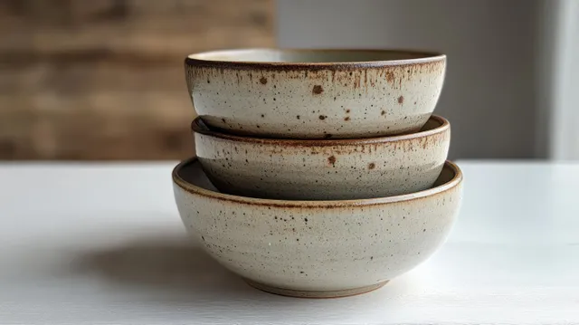 Three stacked speckled ceramic bowls with brown and cream glaze on a white tabletop.