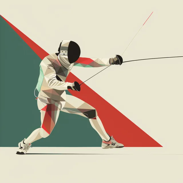 Minimalist illustration of an épée fencer lunging, featuring geometric shapes and Italian flag colors to express focus and speed.
