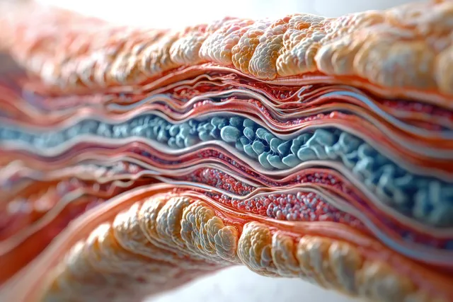Close-up cross-section of layered biological tissue with cell clusters and wavy microtextures in warm red and blue tones.