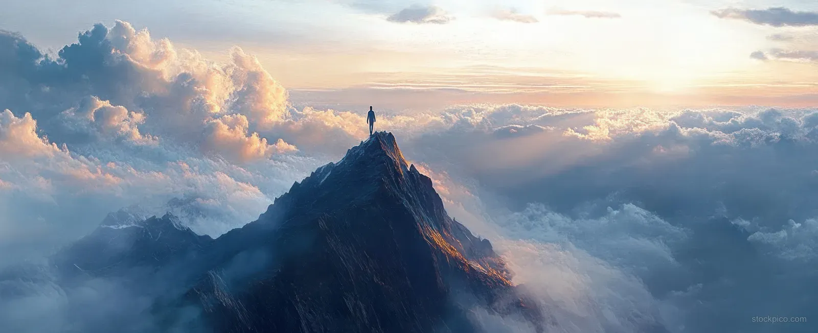 Silhouetted climber stands on a rocky mountain summit at sunrise above rolling clouds and a distant horizon.