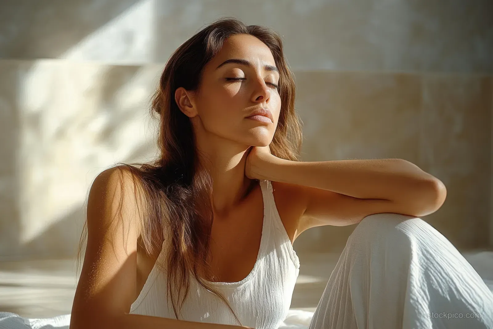 A young woman sits alone in a bedroom with her head on her hand, looking pensive in soft natural morning light.