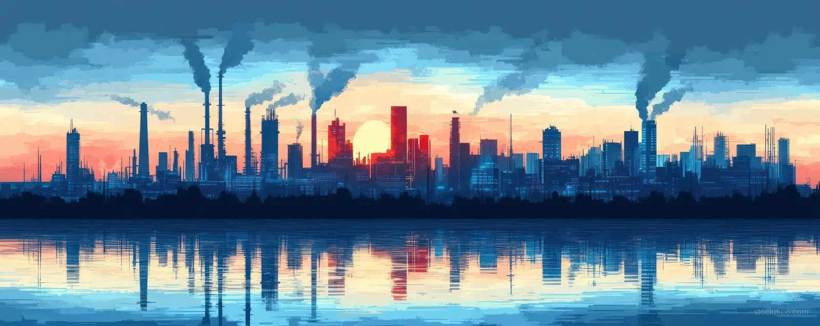 Industrial skyline at sunset with smokestacks emitting thick smoke, mirrored in a calm river beneath orange and blue sky.