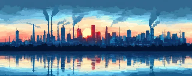 Industrial skyline at sunset with smokestacks emitting thick smoke, mirrored in a calm river beneath orange and blue sky.