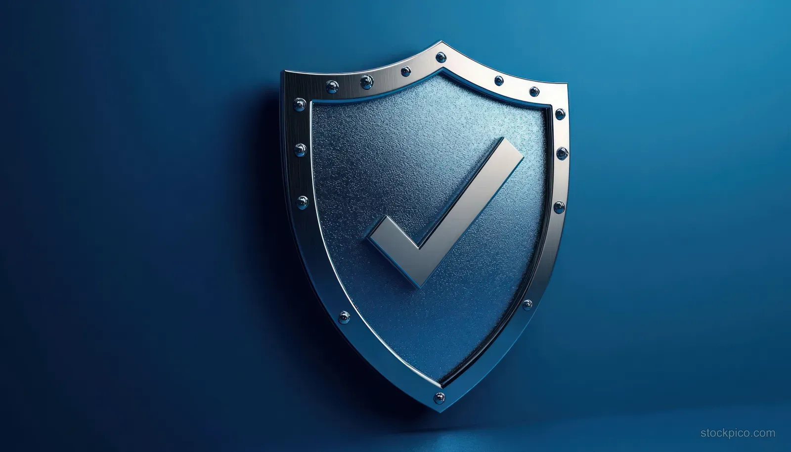 A riveted metal shield with a checkmark emblem is centered on a blue background.