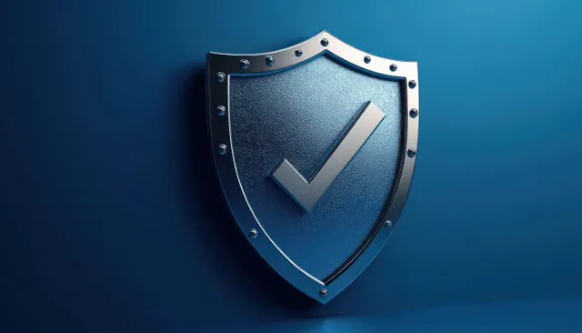 A riveted metal shield with a checkmark emblem is centered on a blue background.