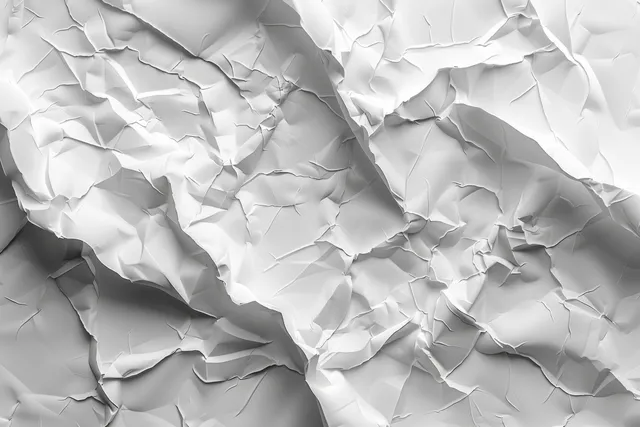 Crumpled white paper texture fills the frame with sharp creases, layered folds, and grey shadowing.