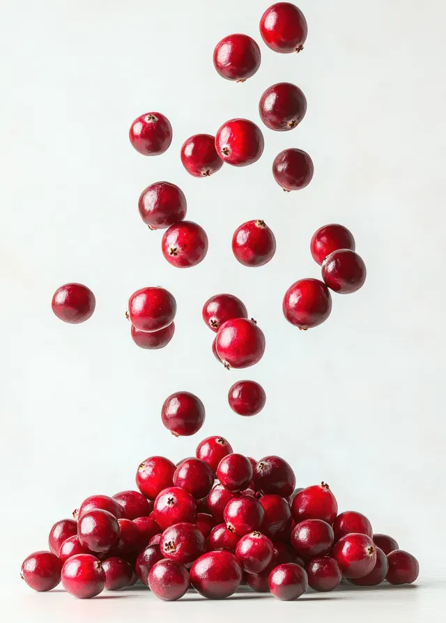 Fresh red cranberries piled on a white background as more berries fall from above