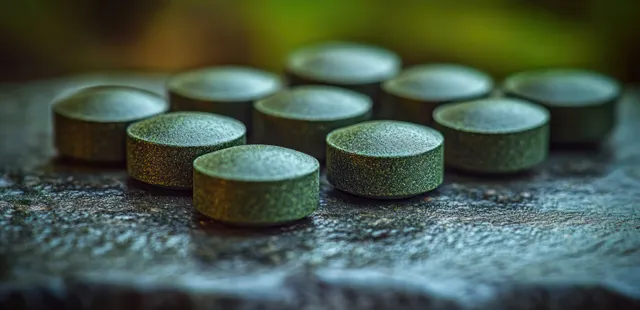 Green round tablets with rough texture are scattered on a dark gritty surface with a blurred background.