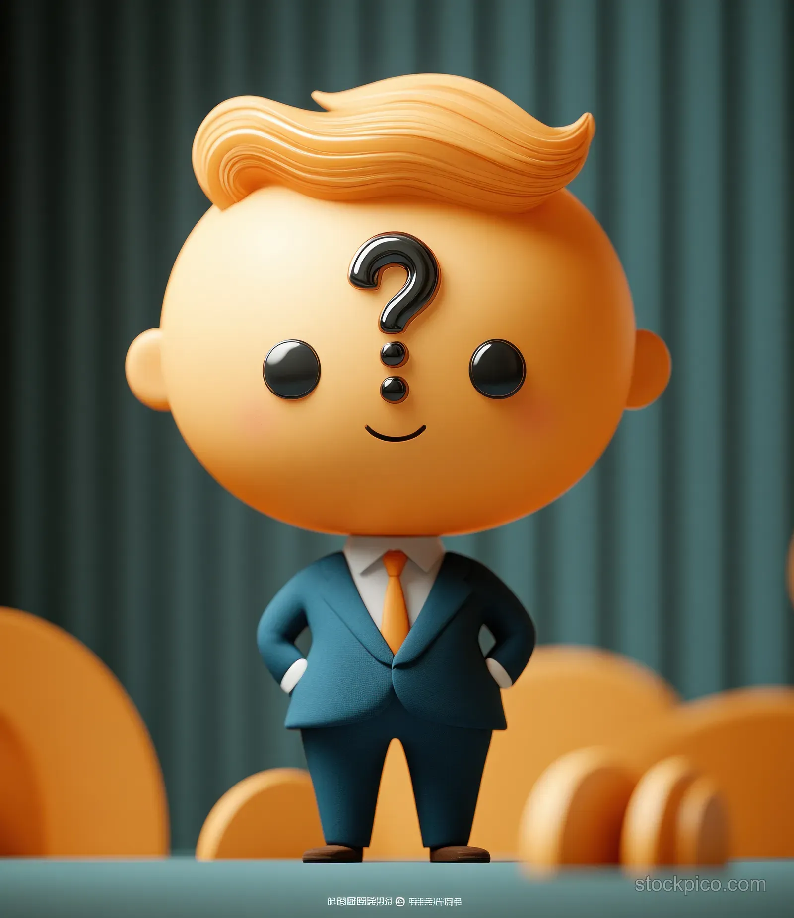 3D cartoon businessman in a blue suit thinking on a stage with floating question marks.