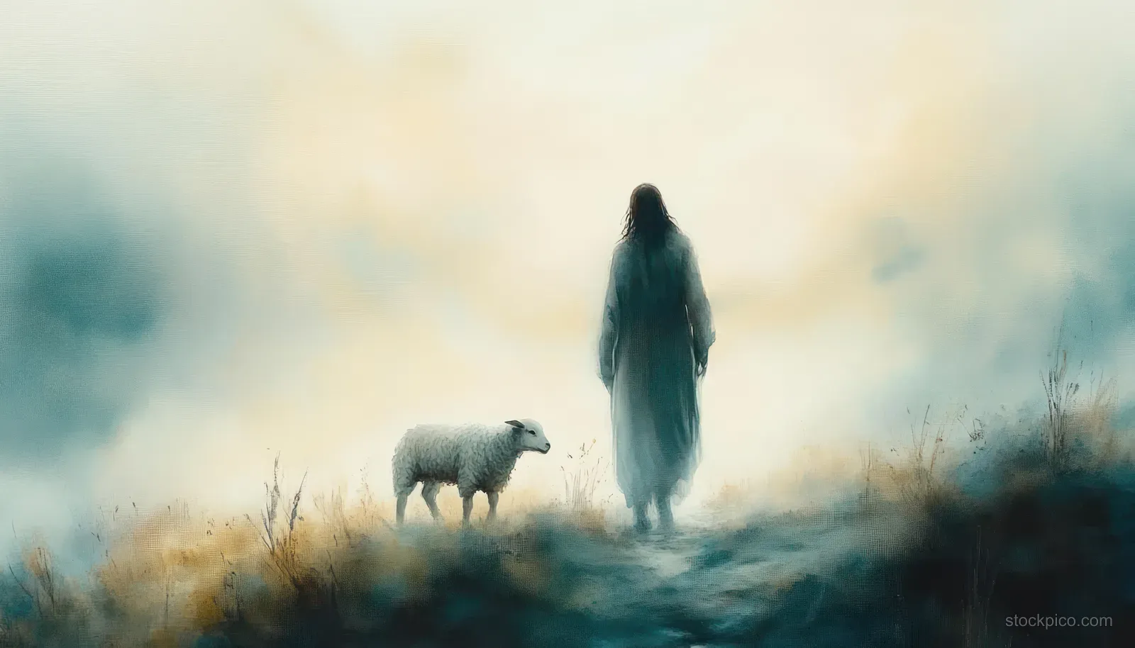 Watercolor illustration of Jesus walking with a lamb in a foggy meadow with grasses and soft haze.