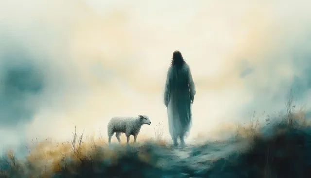 Watercolor Jesus walking beside a lamb through a misty meadow, soft haze details