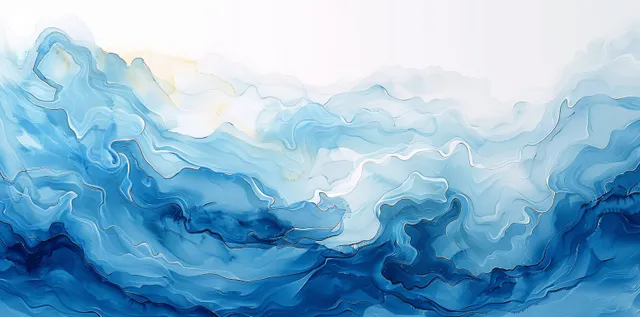 Abstract watercolor ocean waves with sky haze, swirling teal and blue texture