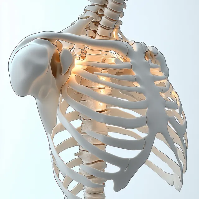Labeled shoulder joint anatomy illustration showing clavicle, scapula, humerus, and ligaments on a white background.