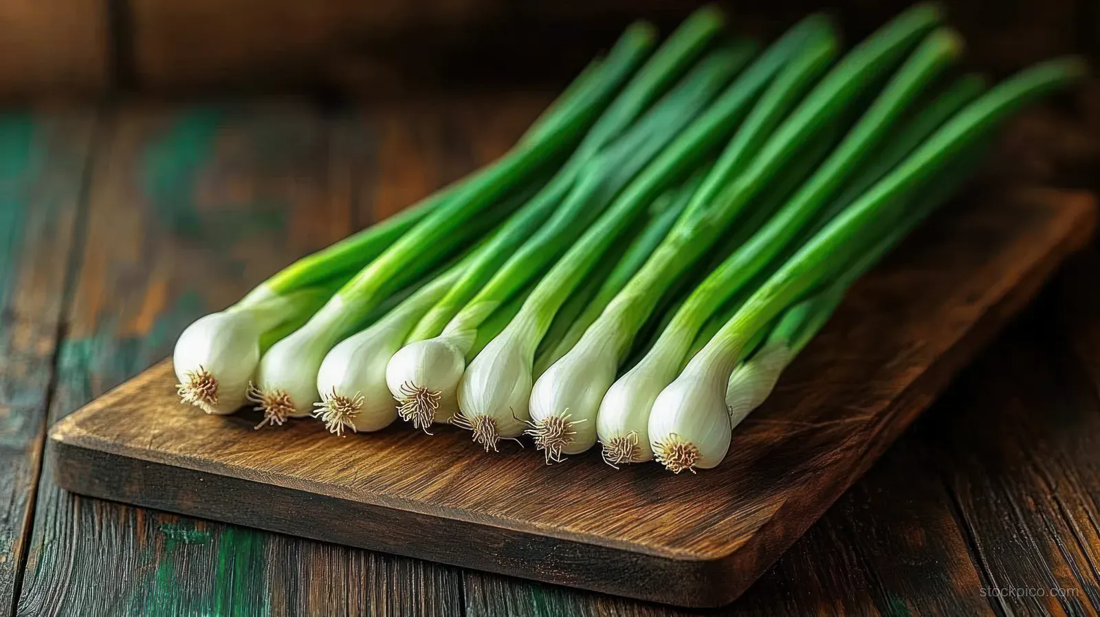 A neat row of fresh spring onions with visible white roots on a rustic wooden cutting board.