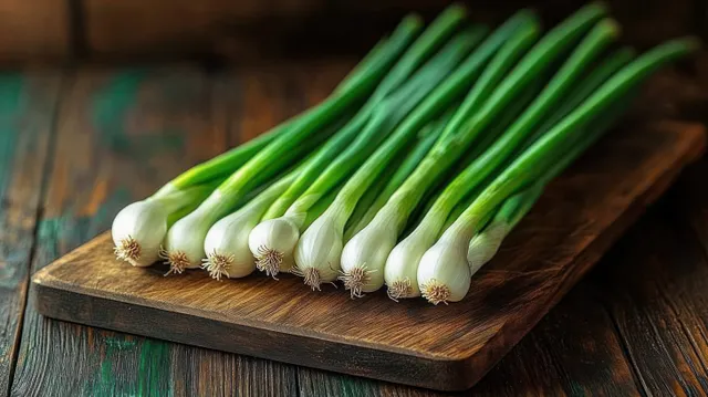 A neat row of fresh spring onions with visible white roots on a rustic wooden cutting board.