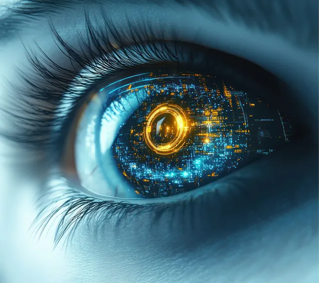 Close-up human eye showing a glowing holographic circuitry and data interface overlay inside the iris.