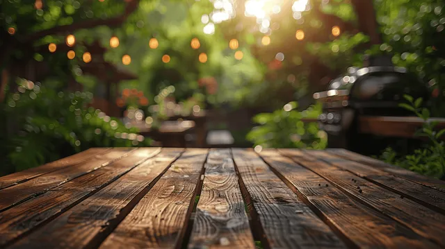 Wooden patio table in lush garden at dusk with soft bokeh lights behind