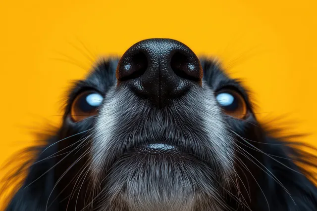 Dog muzzle close-up with sharp whisker detail against a bright yellow backdrop