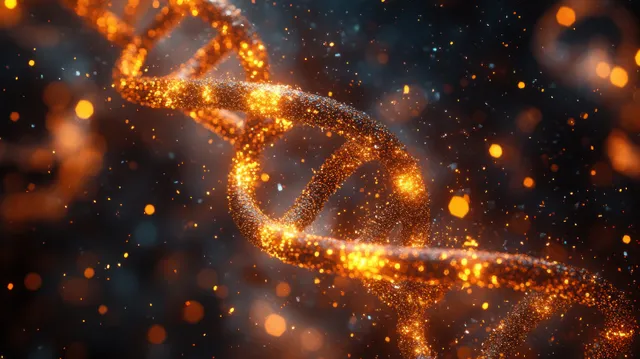 A glowing hair-like fiber strand surrounded by sparkling particles on a dark microscopic background.