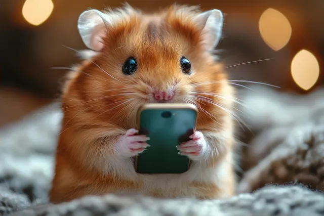 Fluffy hamster holding a smartphone indoors with curious eyes and warm blurred lights behind it.